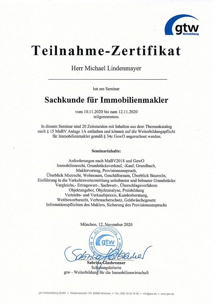 Zertifikat Sachkunde für Immobilienmakler : 