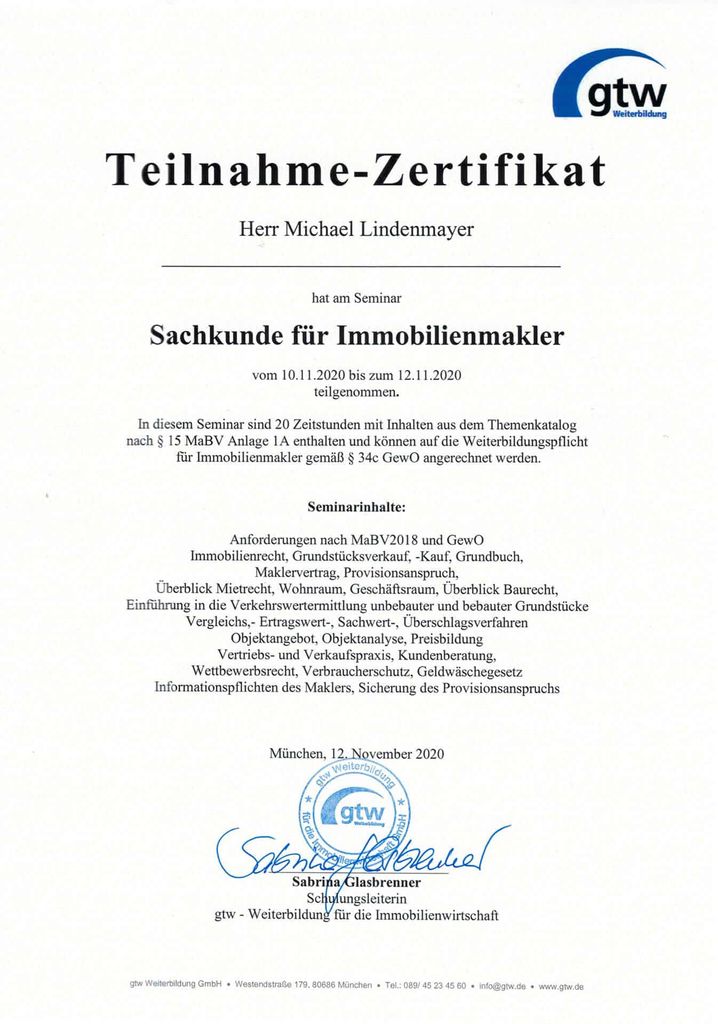 Zertifikat Sachkunde für Immobilienmakler : 